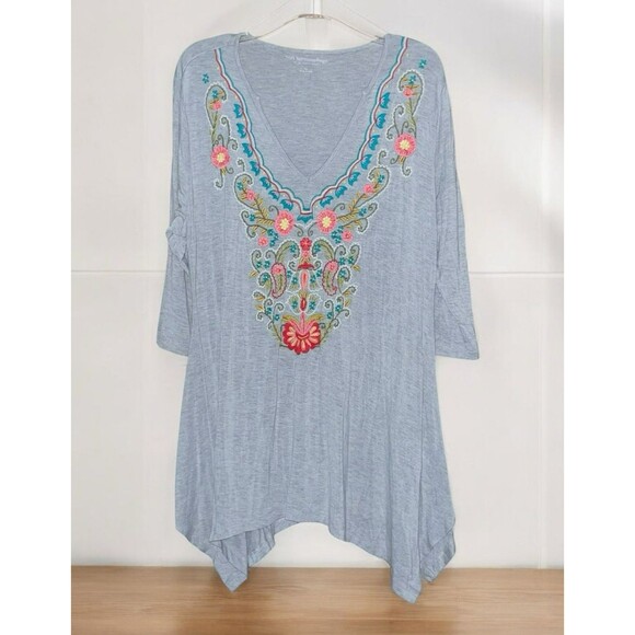 Soft Surroundings Tops - Soft Surroundings XL Colorful Floral Embroidered Asymmetrical Hem Tunic Top
